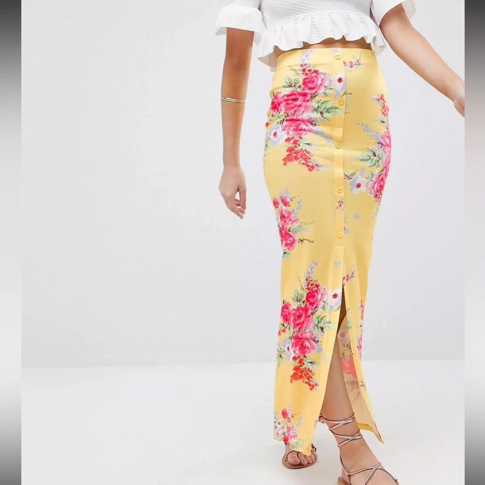ASOS Yellow Floral Maxi Skirt With Button front